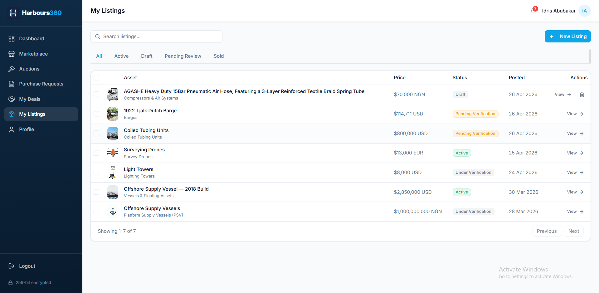 Harbours360 seller dashboard showing listings and their status